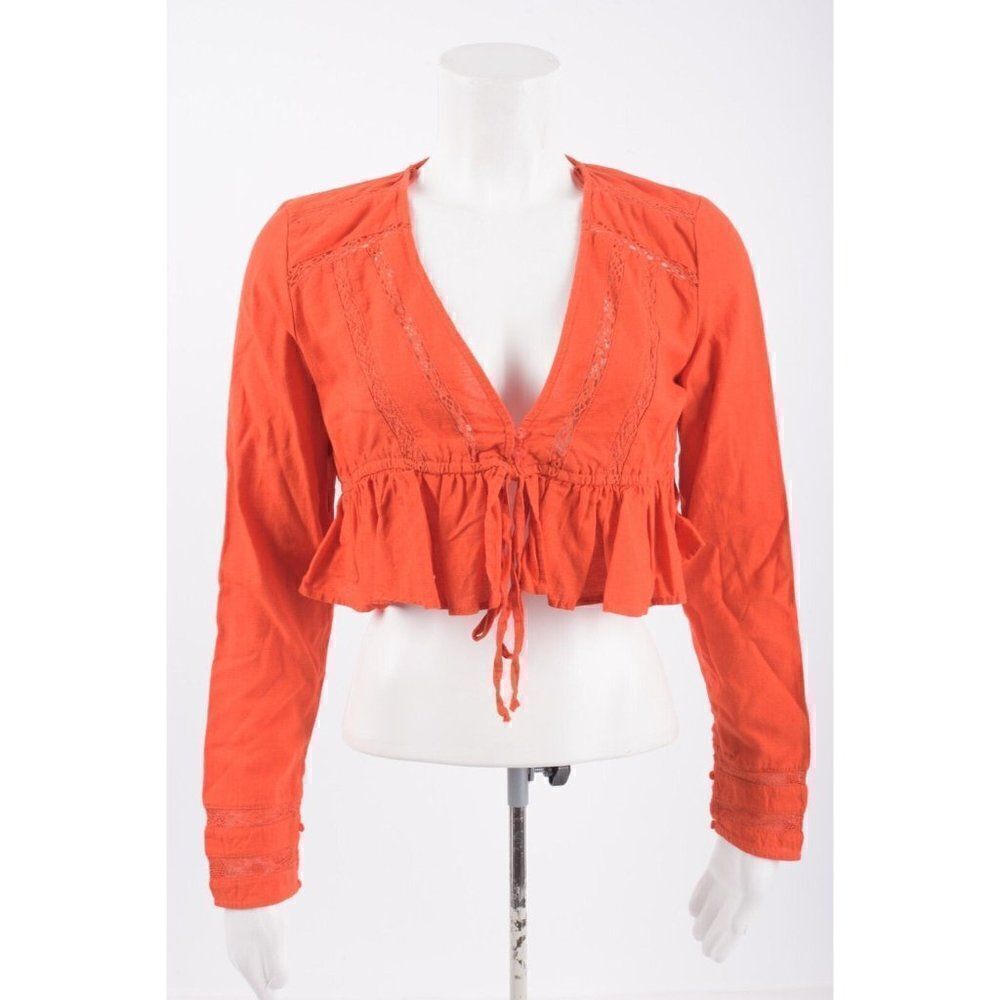 Zara Womens Cropped Top Shirt Lace Ruffle M Red Linen Long Sleeve 0881/414 NWT